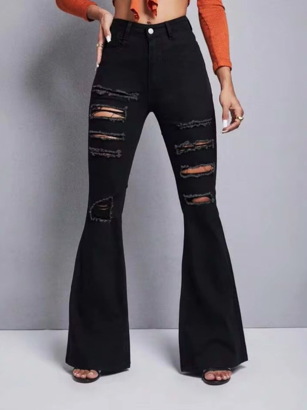 NWOT Black Distressed Jeans Flare Leg High Waist